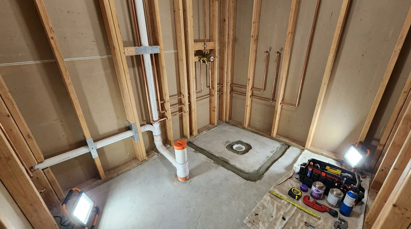 Bathroom rough-in plumbing during remodel by Johns Plumbing LLC in Rector