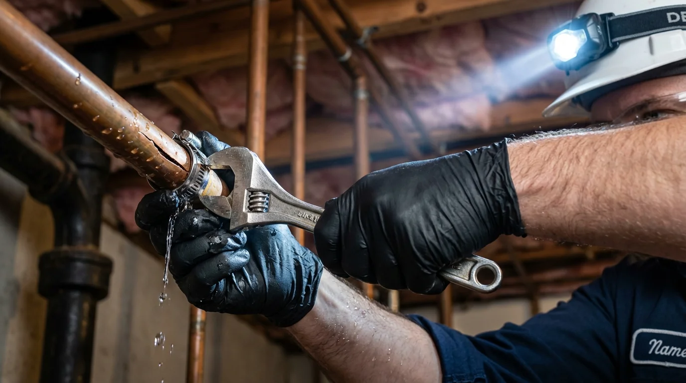 Emergency pipe clamp repair being performed by a Johns Plumbing LLC plumber in Rector