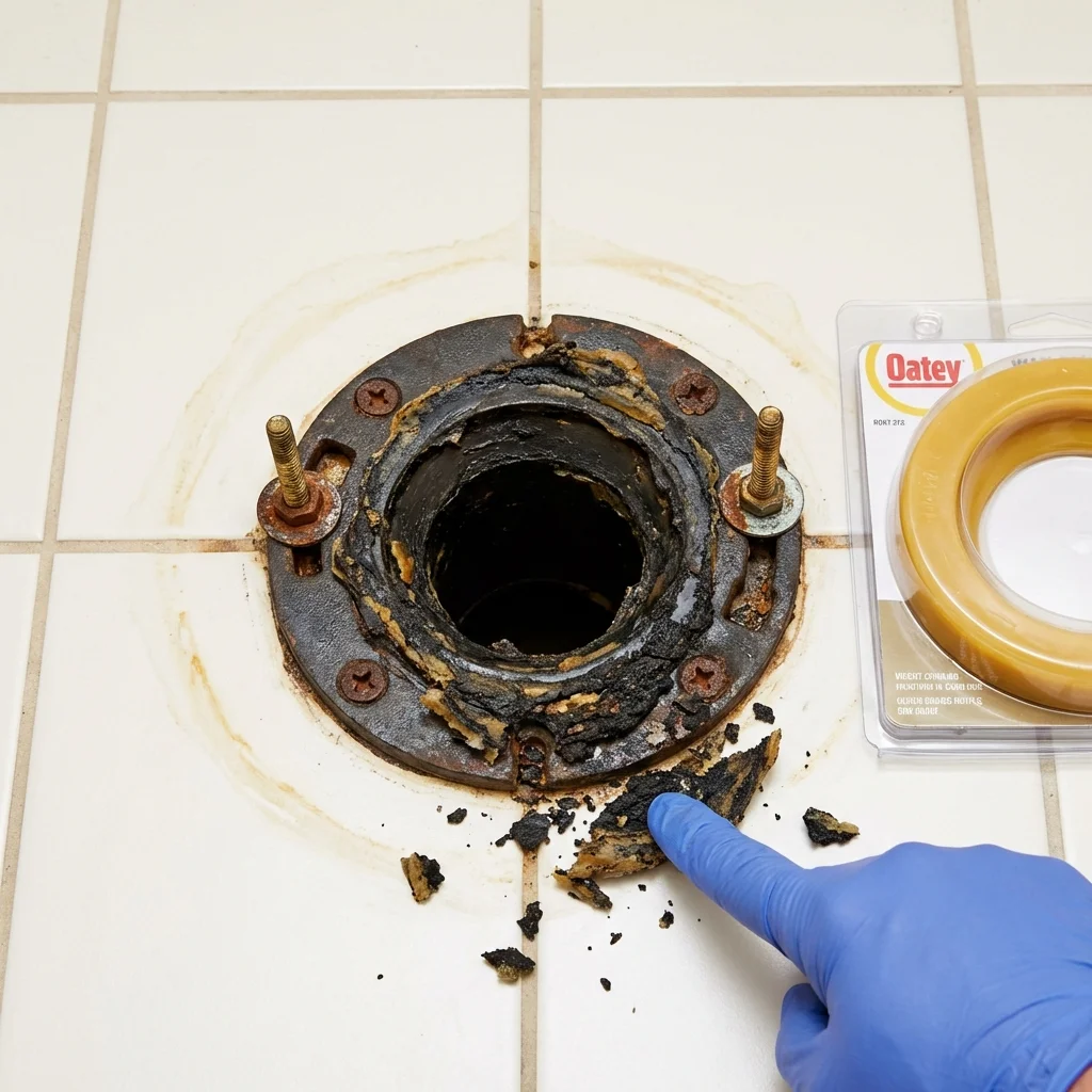 Failed wax ring showing water seepage at the base of a toilet in a Rector, AR home